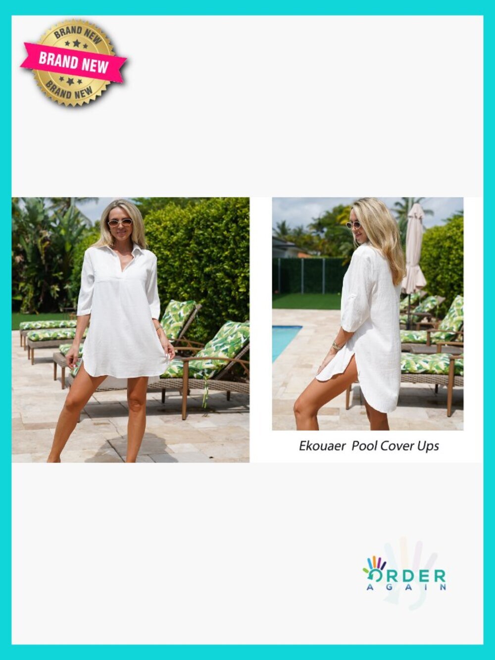 Loose Fit Half Sleeve Beach Cover Up Dress with V-Neck and Side Split - Picture 7 of 7
